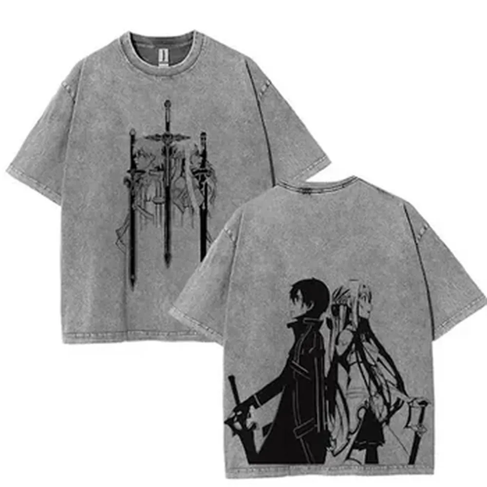 Sword Art Online Kirigaya Kazuto T-shirt Yuuki Asuna Anime Washed T Shirt Men's Clothing Summer High Quality Cotton Tees Tops