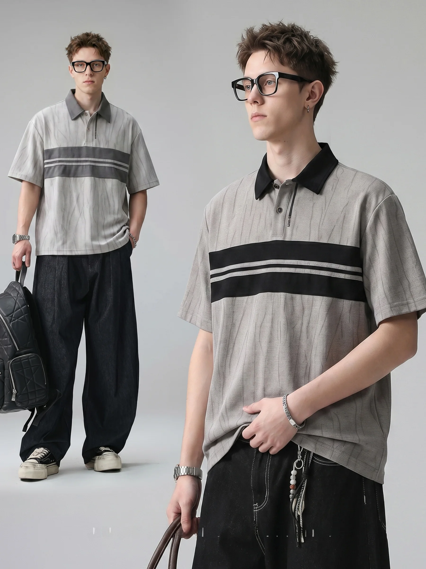 de Manga Corta con Rayas Teñidas Premium de Savile Row, Camiseta de Cuello Americano Holgada para Hombre, Estilo Urbano ...
