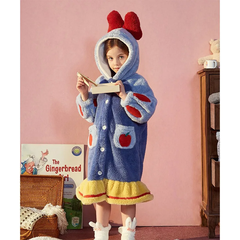 Snow White Children\'s Robes Autumn Winter Thick Nightgown Girls Coral Fleece Home Clothes Loose Cute Lovely Cartoon Pajamas