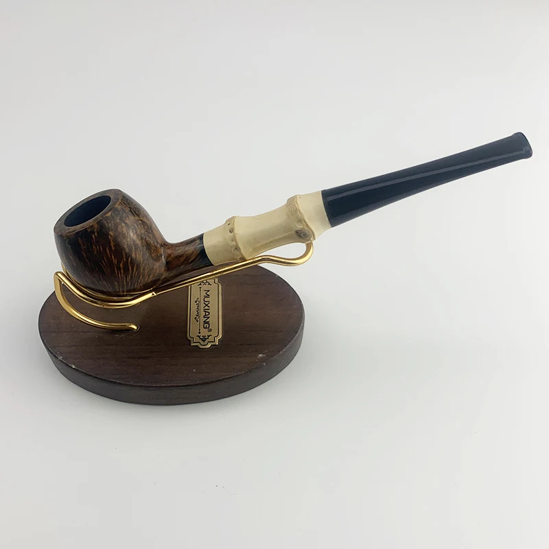 MUXIANG Handmade Briarwood Tobacco Pipe Straight Handle Billiards Pipe Solid Wood Bowl Bamboo wood Pipe Handle Length 170mm