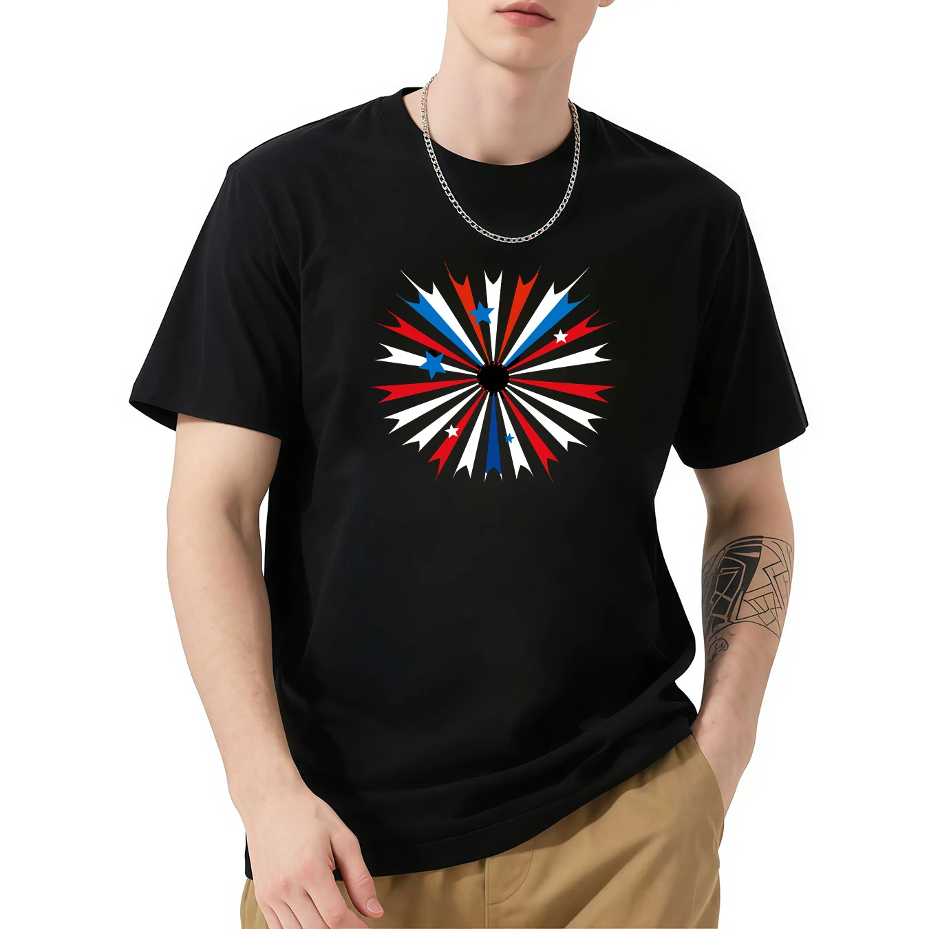 

Men's Casual Cotton Short Sleeve Tee, O Neck Basic Male Top with Firework Star Print, Comfortable Daily Wear Short Sleeve Top