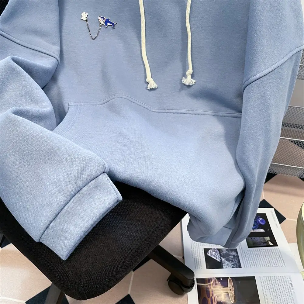 

Aesthetic Long Sleeve Fleece Shark Hoodies Drawstring Top Coat Hooded Sweatshirts Loose Pullover Shark Hat Sweater Women Man