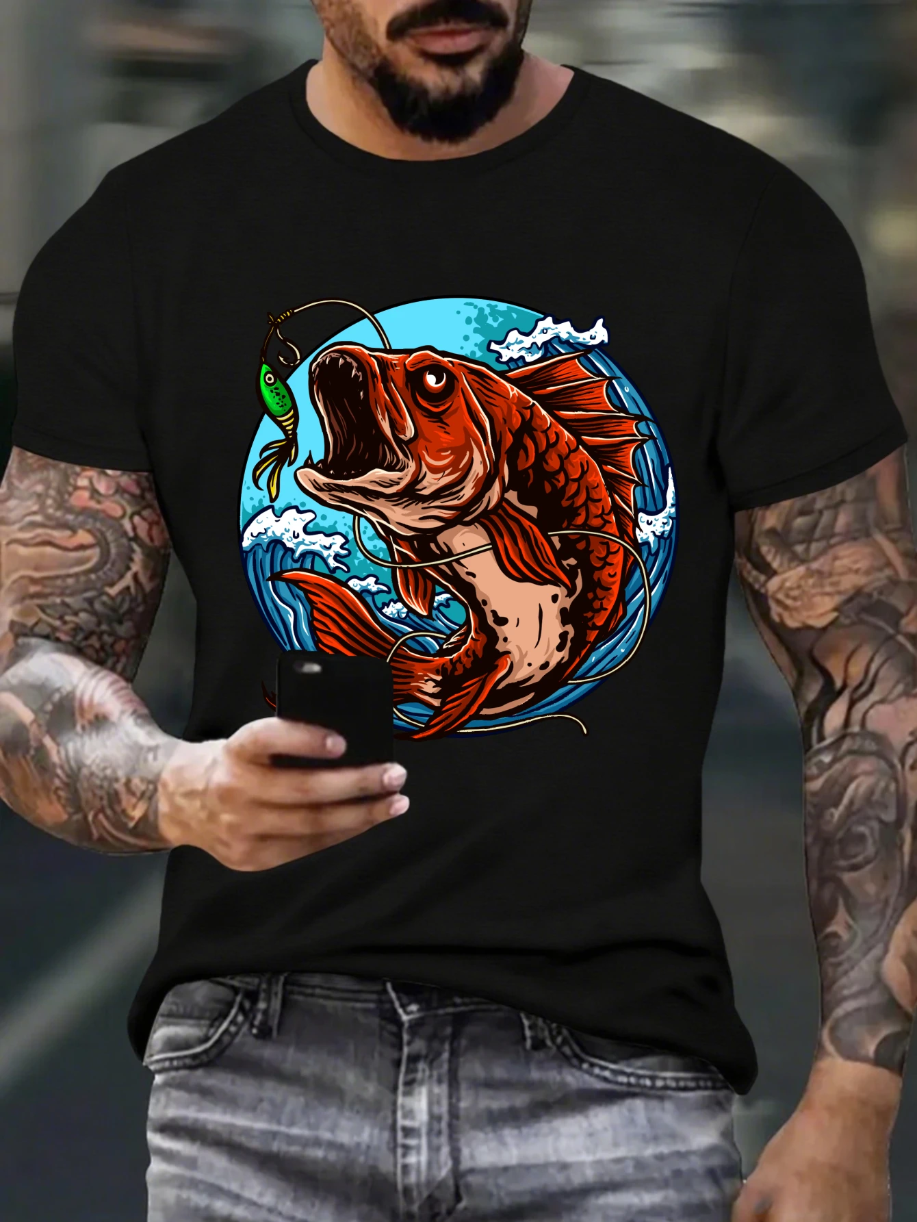 

Vintage Orange Fish Graphic T-Shirt for Men, Fishing Style Short Sleeve Tee, Casual Fisherman Print Tops