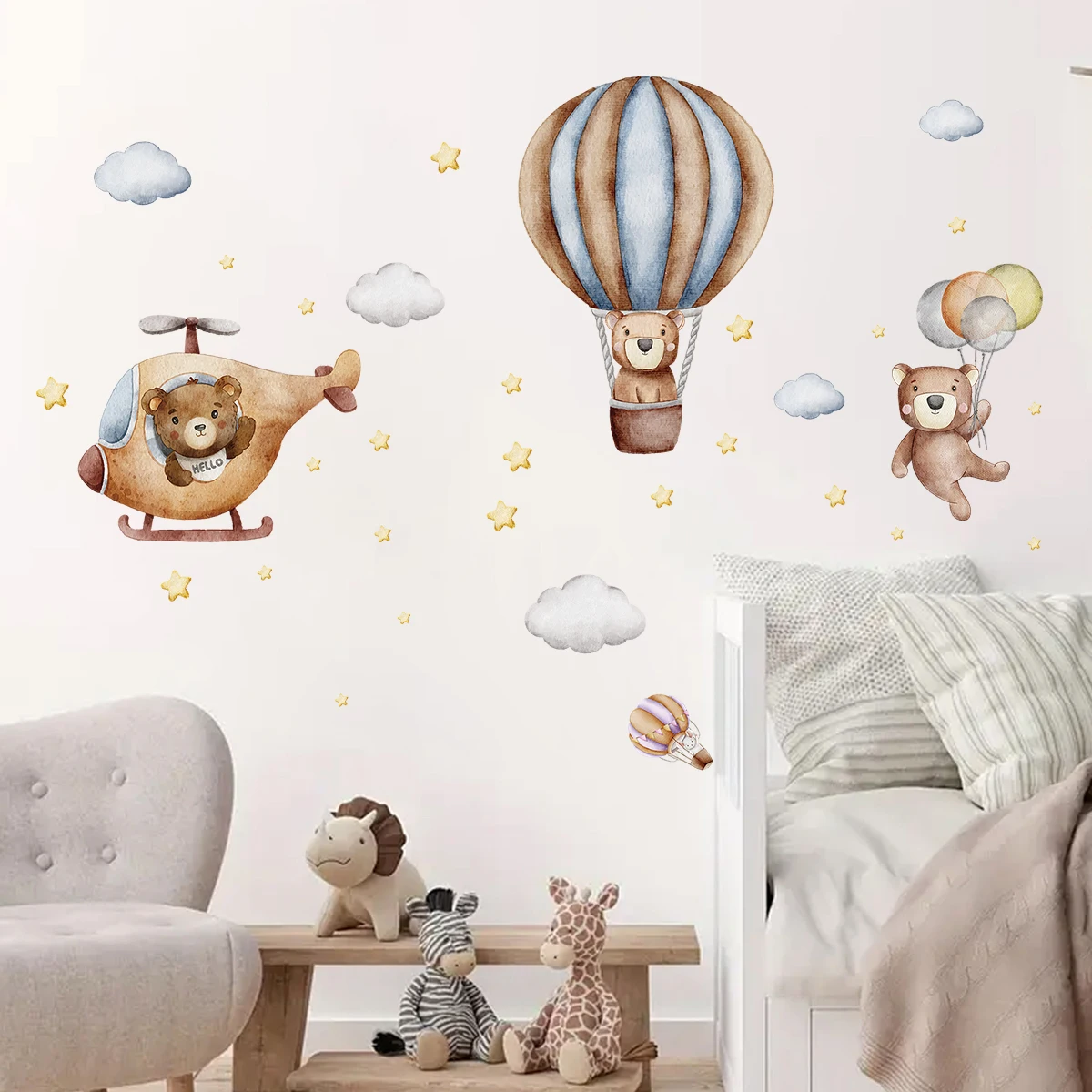 Cartoon Cute Aeroplane Balloon Bear Wall Sticker Kids Room Wall Decals Decoration for Bedroom Wall Art Home Decore Living Room