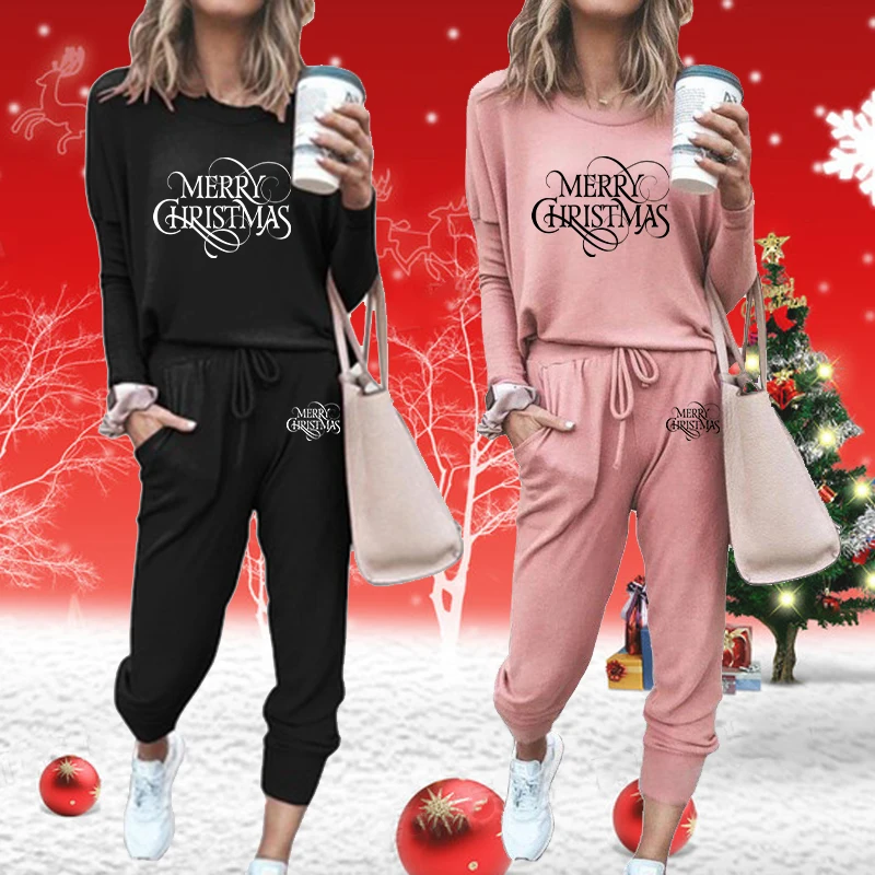 New fashionable holiday printed women's sportswear casual long sleeved shirt and sports pants set comfortable jogging suit