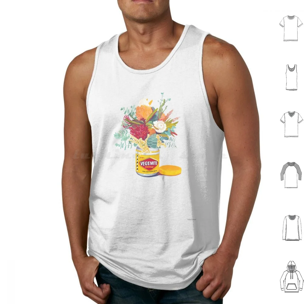 Ramo de Vegemite, camisetas sin mangas, chaleco sin mangas, Australiana, Australia, flores de Vegemite, flores nativas, ramo de nostalgia australiana