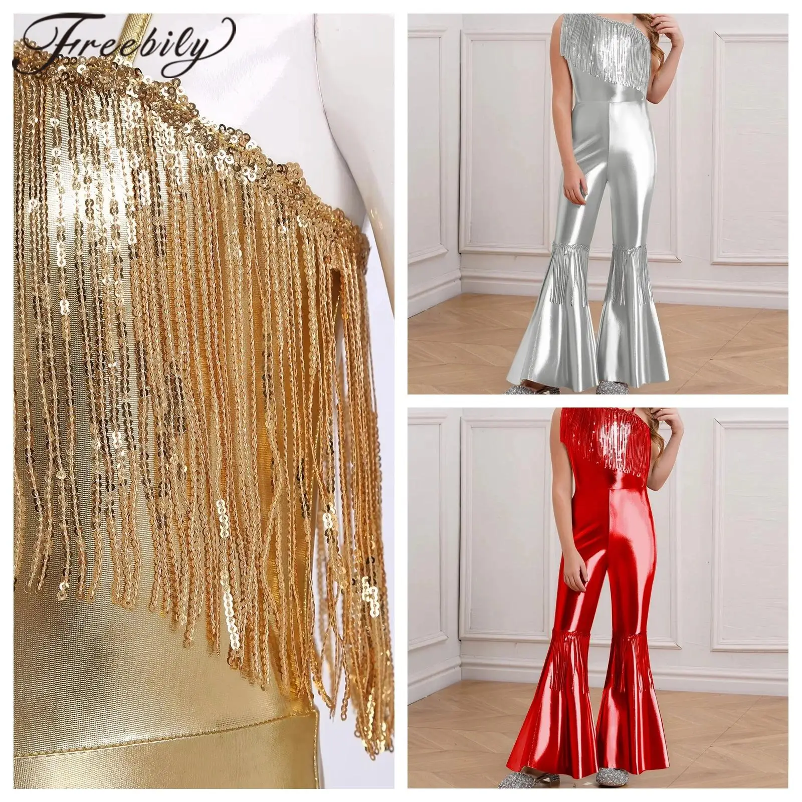 Girls Sparkly Flares Jumpsuit Dance Leotard Kids Shiny Sequin Tassels Flared Jumpsuit Children Birthday Party Gymnastics Costume