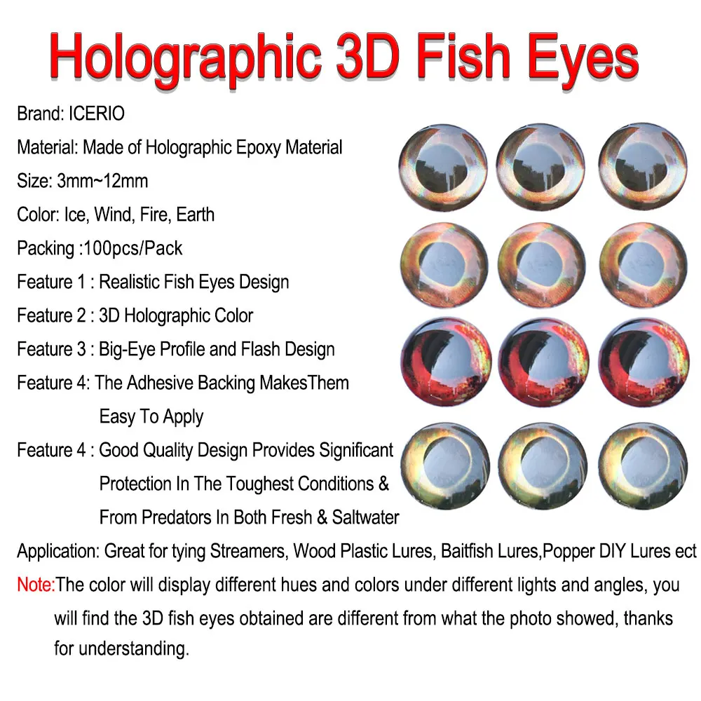 ICERIO 100PCS  Holographic 3D 4D Fish Eyes For Fly Tying Streamer Flies Baitfish Wood Plastic Lures Saltwater Fishing Lures