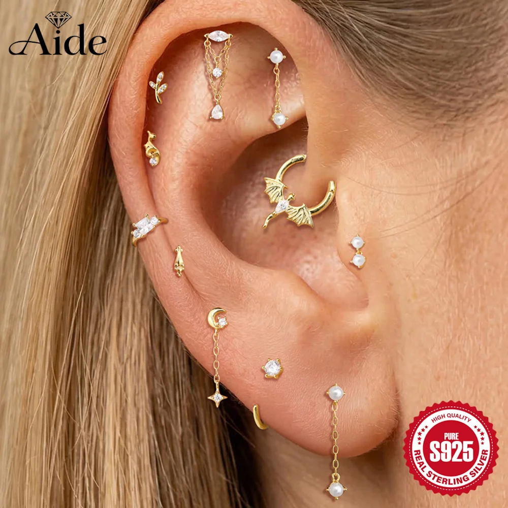 AIDE 925 Sterling Silver Pearl/Star Moon Chain Tassel Flat Back Piercing for Women INS Simple Vine Personalities Jewelry Gifts
