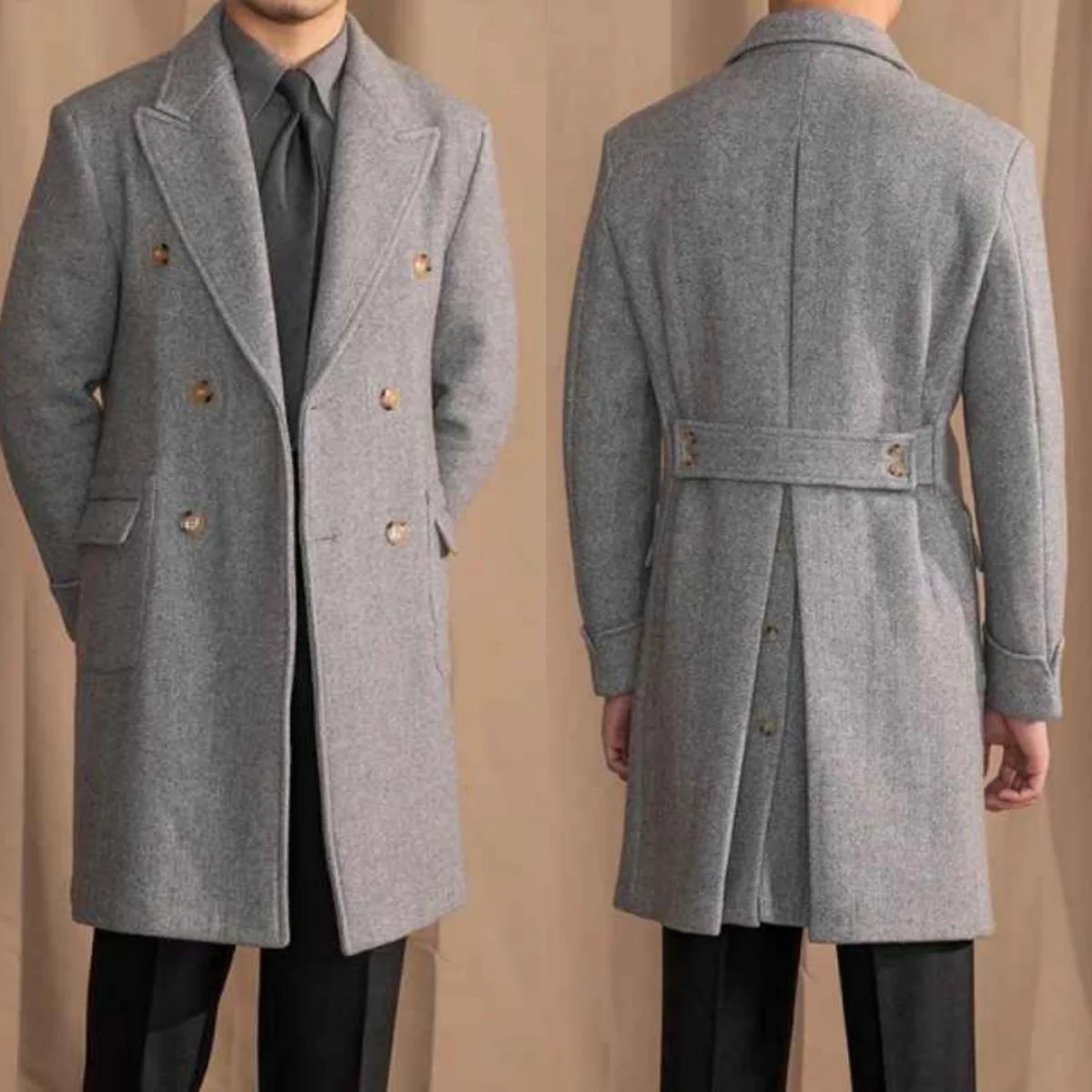 

Classic One Piece Men Long Overcoat Peaked Lapel Double Breasted Autumn Winter Customized Groom Wedding Tuxedos