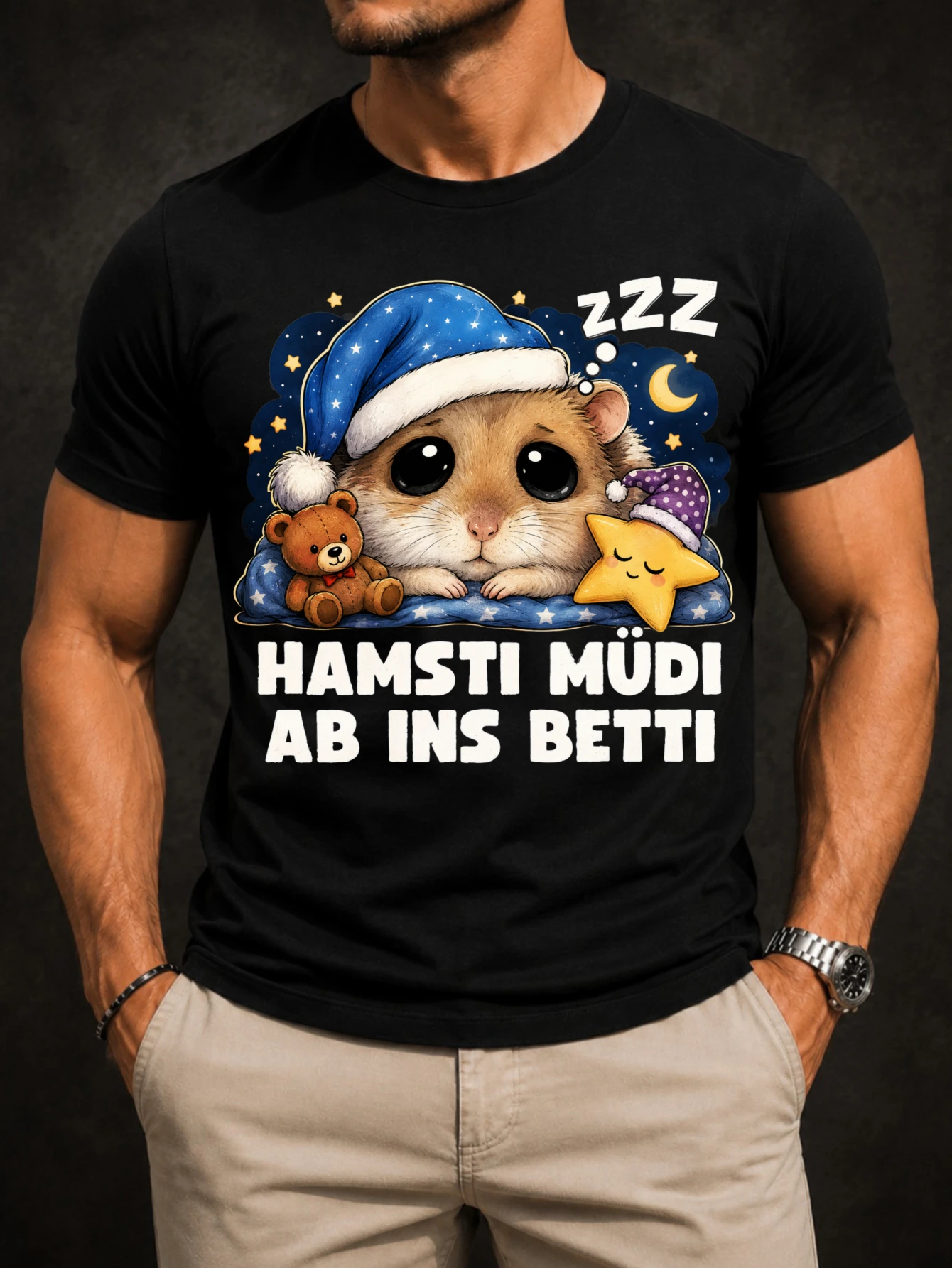 Hamsti Mudi Ab Ins Betti Graphic sping hamster tucked in a star blanket with teddy and moon soft  Unisex All T-Shirt