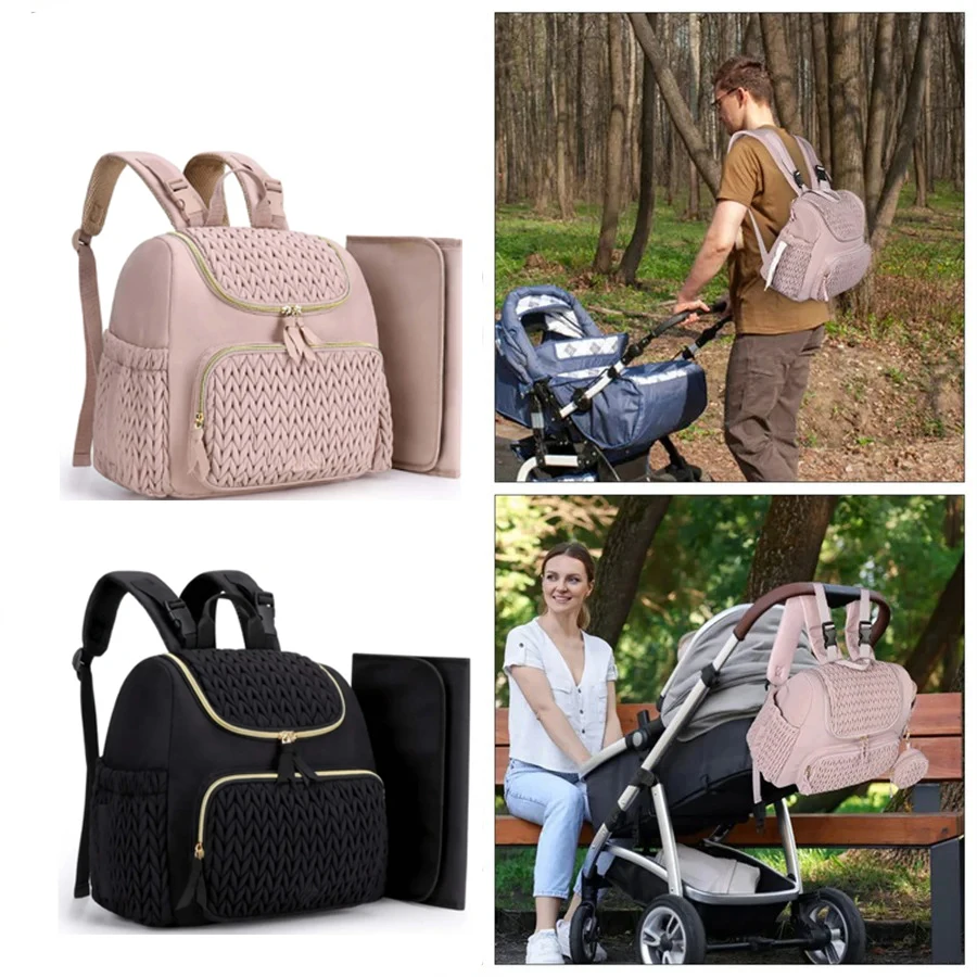 Mochila de gran capacidad para pañales de maternidad, mochila de punto con patrón tejido para pañales de bebé con cambiador para viajes al aire libre y para colgar en el cochecito