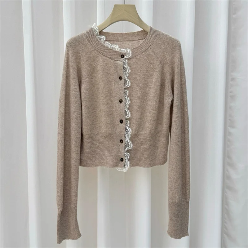여성용 가디건 새로운 신축성 니트 슬림 긴팔 탑 2025년 가을 레이스 패치워크 니트웨어 울 혼방 여성 스웨터
