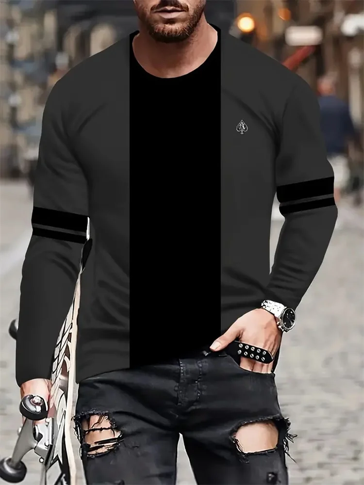 Simple Longteng Print Autumn Fashion Crewneck Men\'s Long Sleeve T-shirt Outdoor Street Fashion Top Everyday Casual Comfort