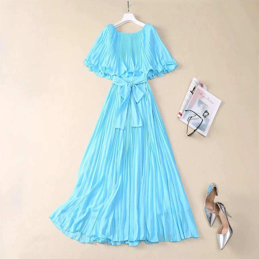 

European and American women's clothing 2025 spring new Cape waistband with lotus sleeves fashion Pleated dress XXL