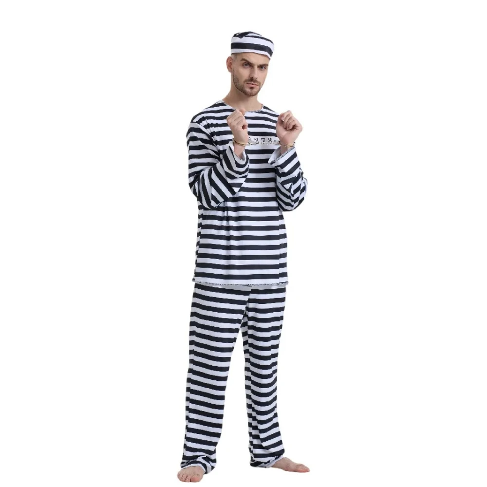 Disfraz de Halloween de prisionero para adultos, disfraz de cárcel para hombres y mujeres, mono Convict Jailbird, traje, camisa, pantalones
