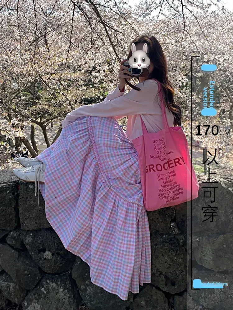 

plus Size High Waist Slimming Plaid A-Line Skirt Women's Summer Waist Cinching f-length Skirt Sweet Versatile Full Skirt