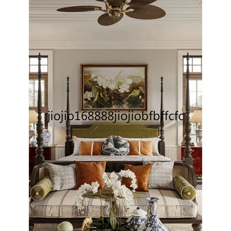 Suitable for  style retro solid wood bed soft bag bed French Roman column carved master bedroom double bed