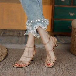 Meotina Women Genuine Leather Sandals Ankle Strap Kitten High Heel Sandals Buckle Narrow Band Sandals Lady Shoes Summer 40