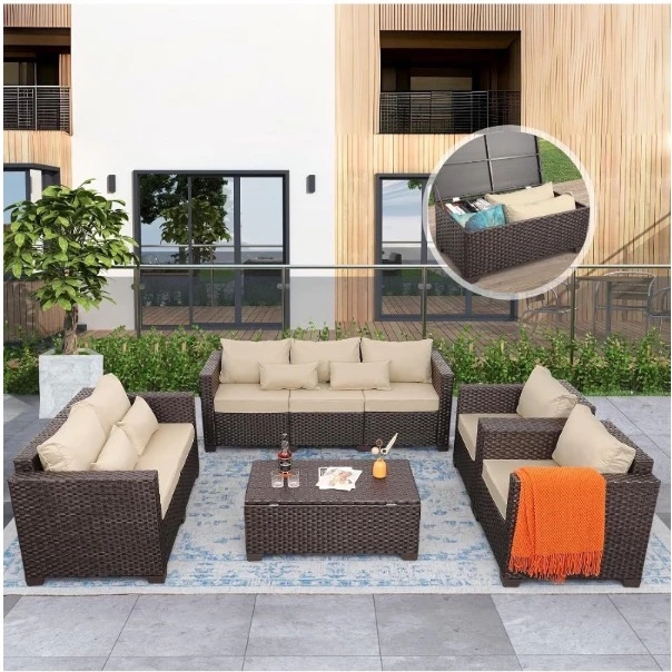 5-Piece Outdoor Furniture Storage Table Set Patio Furniture Set Outdoor Couch Coffee Table with Storage No-Slip Cushions