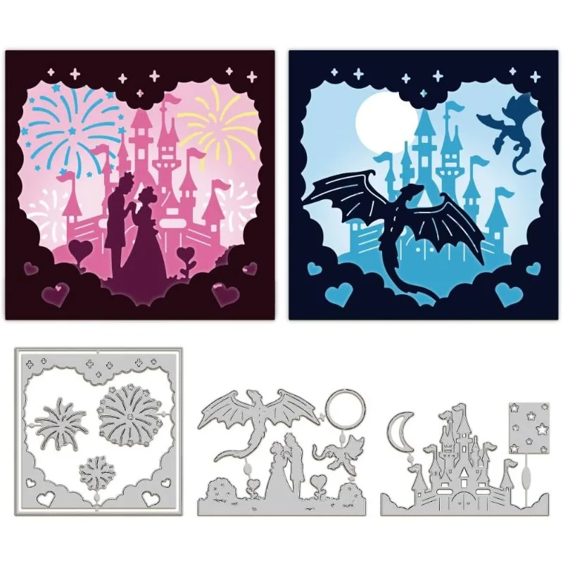 3pcs Layered Fairy Tale Castle Cutting Dies for Card Making Couple and Dragon Metal Die Cuts Cutting Dies Template DIY