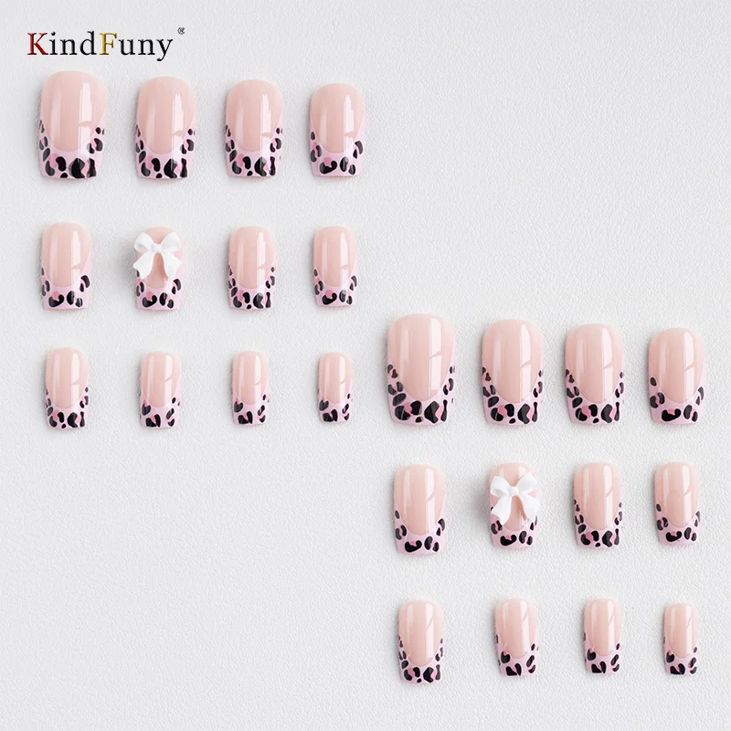 

24Pcs pink Short False Nails Art Fake Nails European American Square Pink French Leopard Bow Press Fake Nails