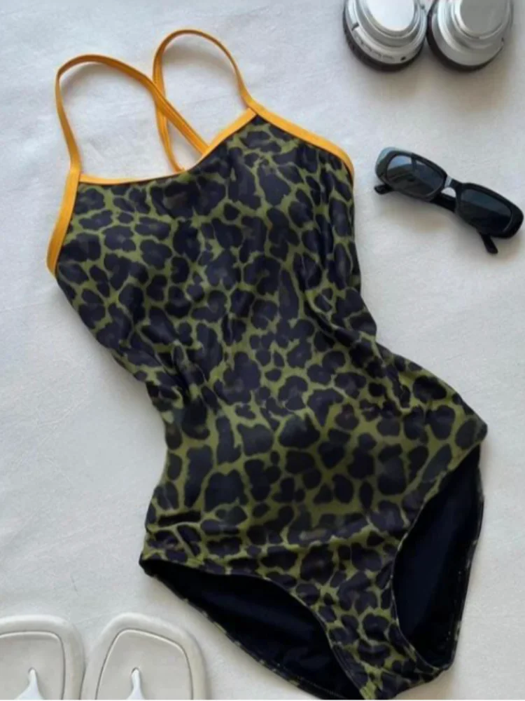 Fato de banho feminino feminino de corrida de uma peça com estampa de leopardo, estilo harajuku, estilo feminino, feminino, feminino, roupa de banho de uma peça