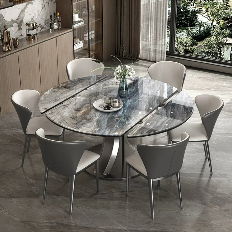 Modern Luxury Microcrystalline Stone Dining Tables Minimalist Household Premium Retractable Folding Dining Table Set Of 6 Chairs
