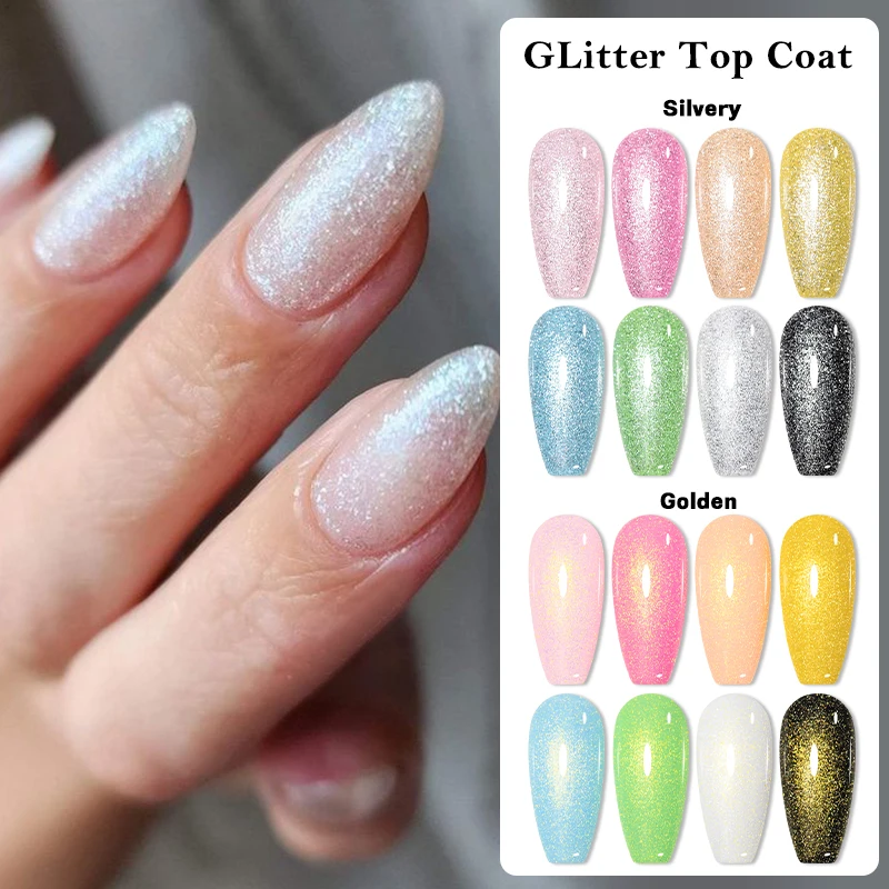 7ml 2 IN 1 Gold Silver Glitter Top Coat Gel Nail Polish Semi Permanent Soak Off UV Gel Varnish Can Be Applied On Any Color Base