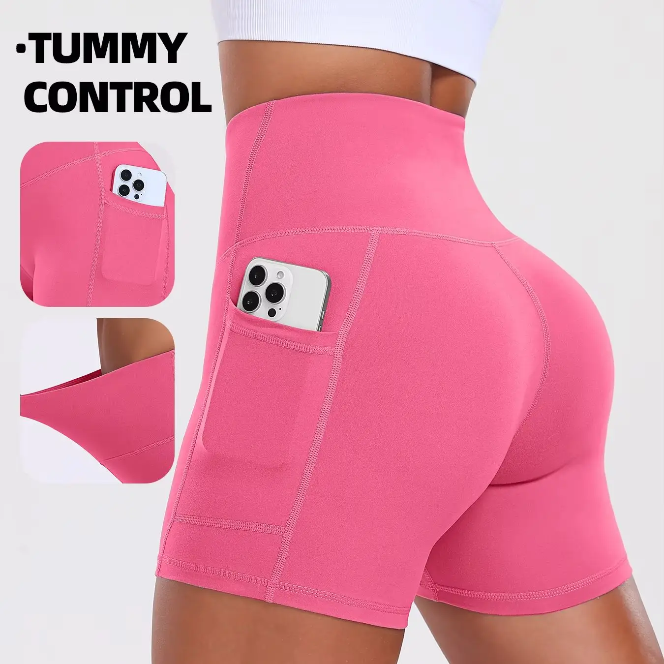 Women Pocket Sports ShortsHigh Waist Yoga Leggings Street Wearling Elastic Skinny Shorts Running Cycling Three Point Shorts