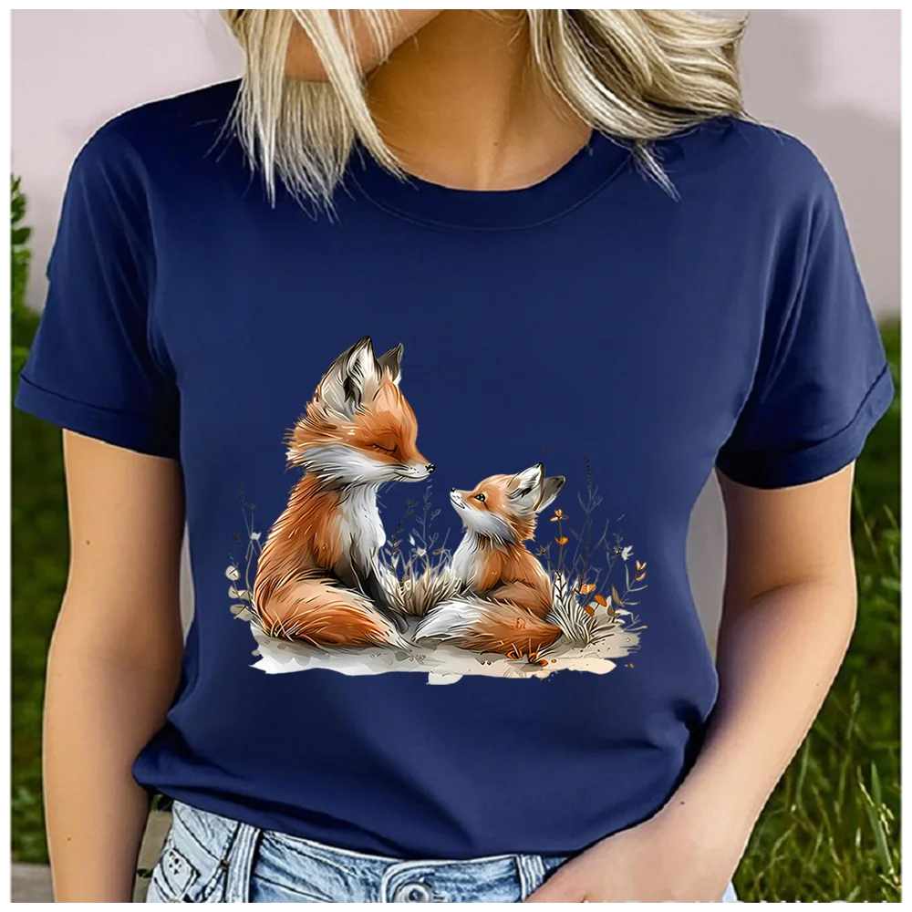 men Women's Cotton 100% Parental Fox Print T-shirt Loose round Neck Casual Short Sleeve Fashion Top  Clothing Summer