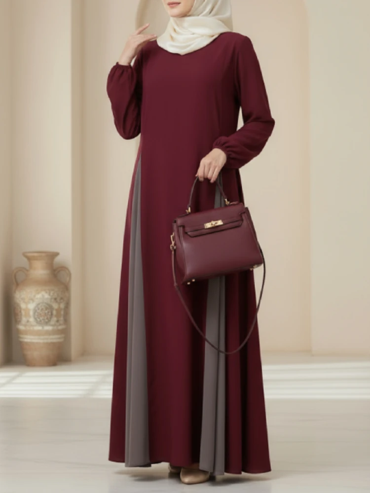 

ZANZEA Modest Hijabs Abaya Robes Women Long Dresses Elegant O-Neck Long Sleeve Contrast-Color Patchwork Muslim Loose Maxi Dress