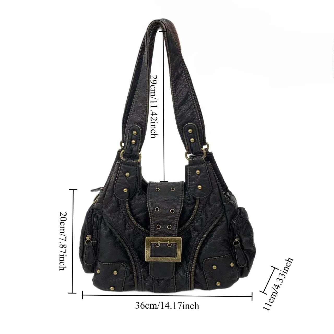 Ladies' retro pure vegan leather motorcycle handbag, wasteland style front pocket soft leather shoulder bag