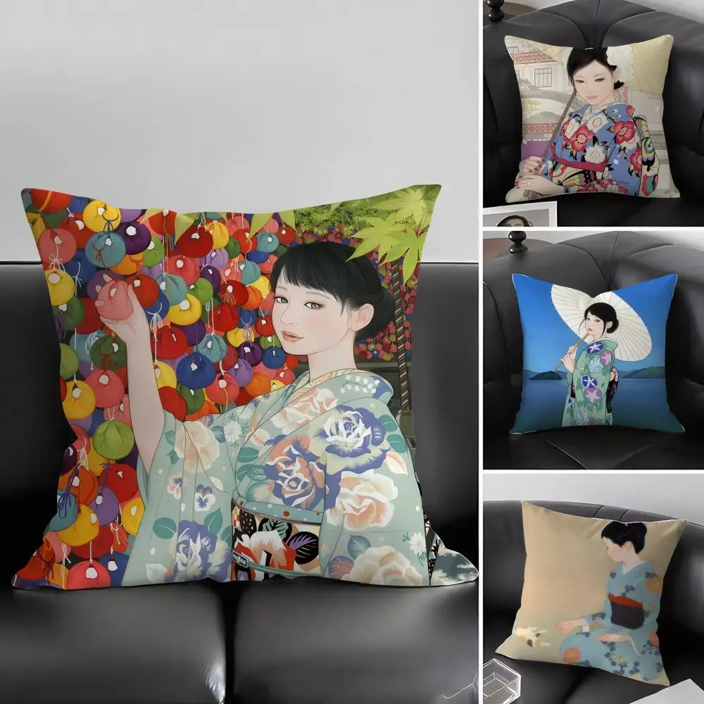 Kimono Girl Japanese Style Cushion Cover Pillowcase Ultra Soft Skin Friendly Fabric Cloud Like Comfort & Concealed Zipper
