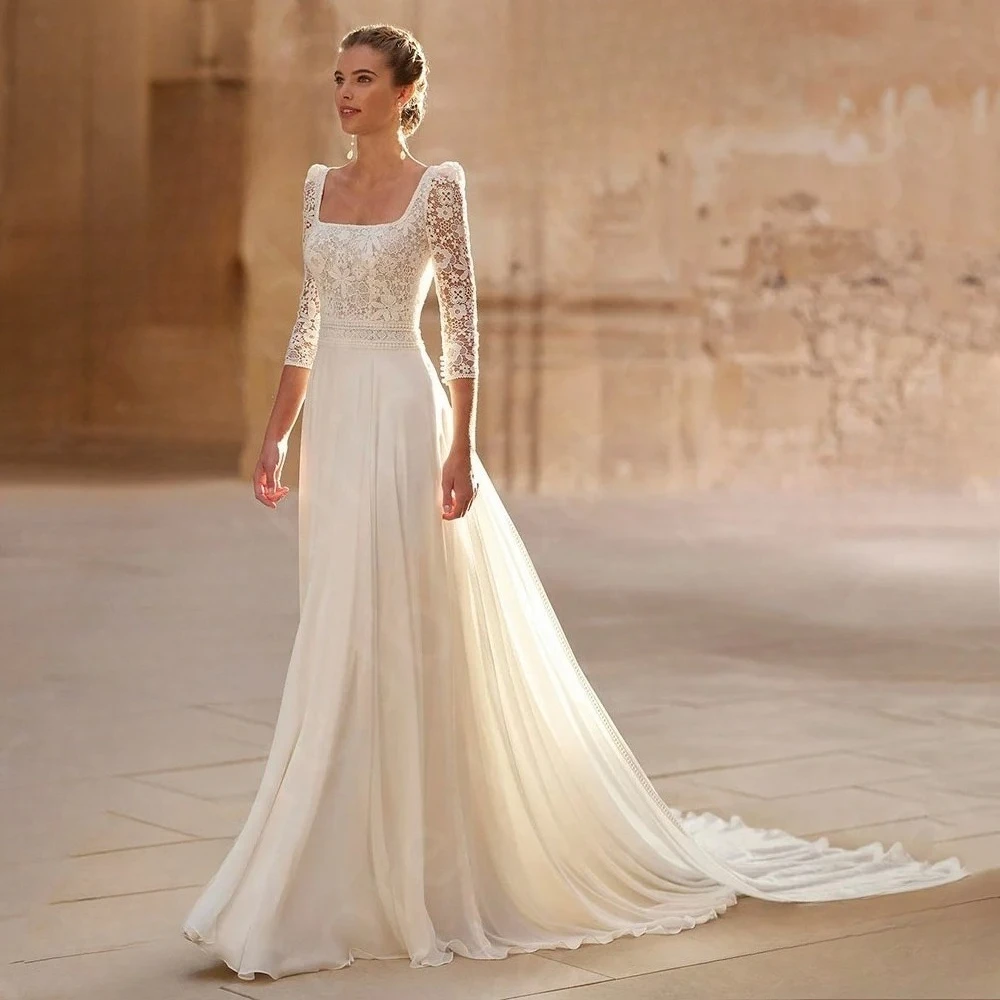 Customized Classic Wedding Dresses 2026 Lace Bridal Gowns Square Neckline Bride Dresses 3/4 Sleeves Wedding Gowns Cut Out Back