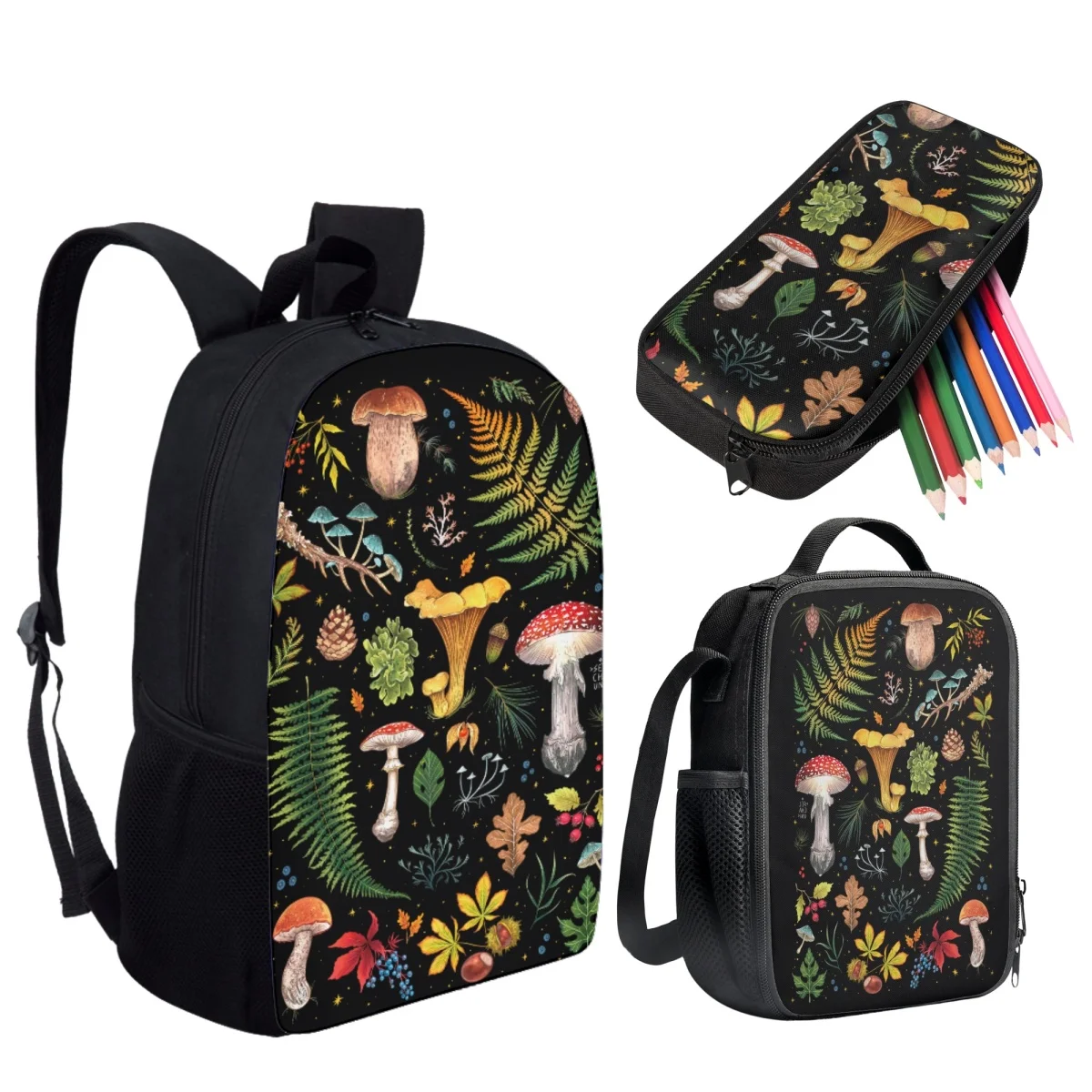 Mushroom 3D Print Fashion Schoolbag with Pencil Case 3 Pieces Set for Teens Kids Boys Casual Backpack Women Lunch Box Mochilas