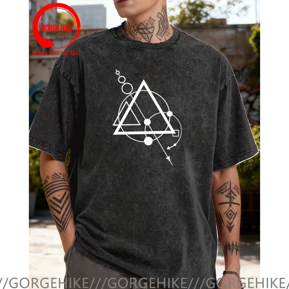 Vintage Washed Cotton T-Shirt Funny Designer Circle and Triangle  T Shirt Men Fashion Trendy Casual Clothing Stylish Tops Tees