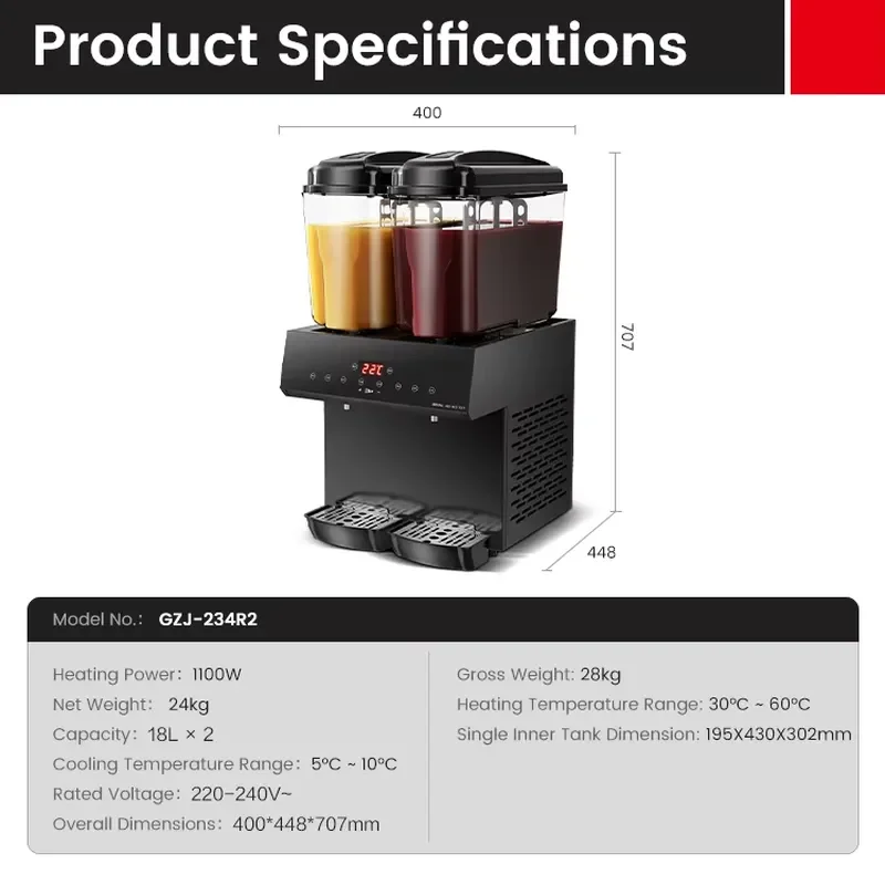 Hot and cold commercial beverage machine 18L X 2 restaurant kitchen juice dispenser