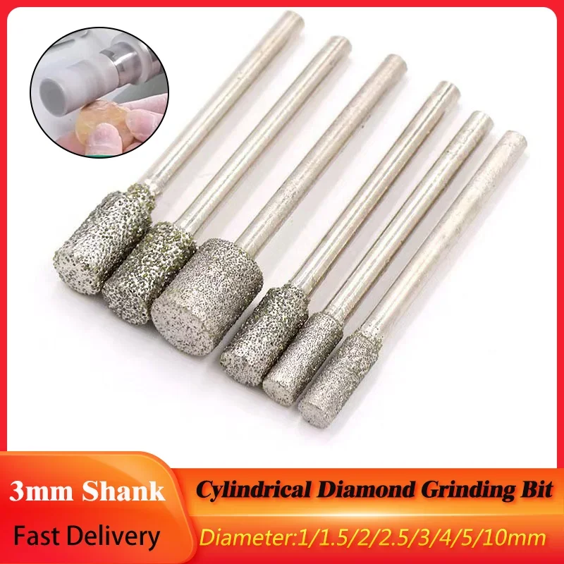 

5Pcs Cylindrical Diamond Grinding Head 1-10mm Engraving Burr Bits 3mm Shank For Jade Stone Carving Polishing Dremel Rotary Tools