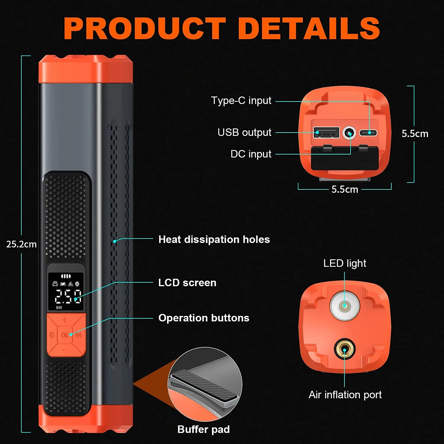 

Портативный автомобильный компрессор для накачки шин с ЖК-дисплеем, 6000 мАч, 150 PSI, функция Power Bank