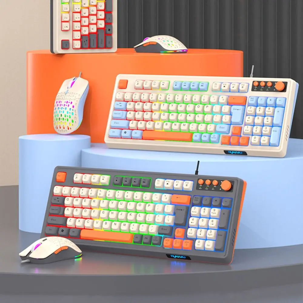 

Новая подсветка клавиатуры RAIKU T98, RGB-подсветка, 98-клавишная раскладка, набор клавиатуры и мыши, светящаяся проводная игровая клавиатура радужного цвета