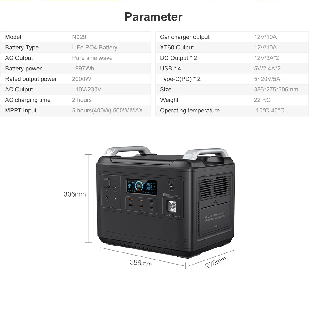 

Customization 100V-240V Camping UPS Energy Storage Lithium Lifepo4 2000W Power Bank Power Station Portable Solar Generator
