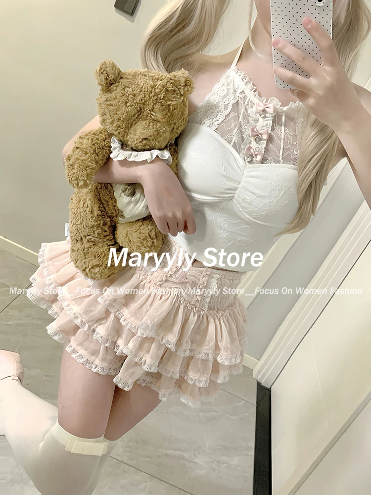 Autumn Sweet Kawaii Women Outfits Y2k V Neck Thin Tops + Sexy Slim Lace Vest + Cute High Wasit Mini Cake Skirt New 3 Piece Sets