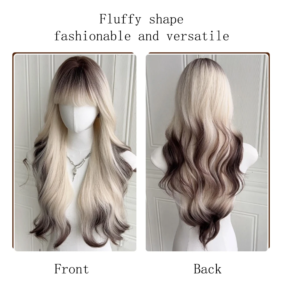 BEAUTYCODE Synthesis New Wig Female Long Hair Universal Black and White Gradient Wig Wavy curls Full Head Cover Wigs with Bangs