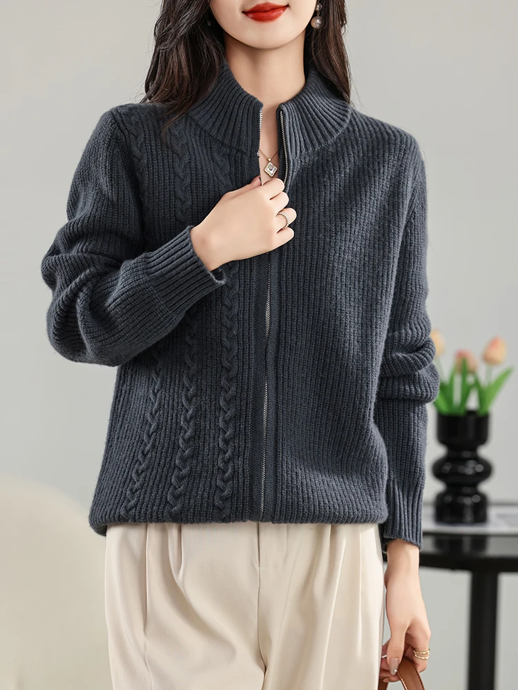 2024 New Women Cashmere Sweater 100% Merino Wool Zipper Cardigan Winter Soft Quality Knitwear Casual Luxary Tops Clothing