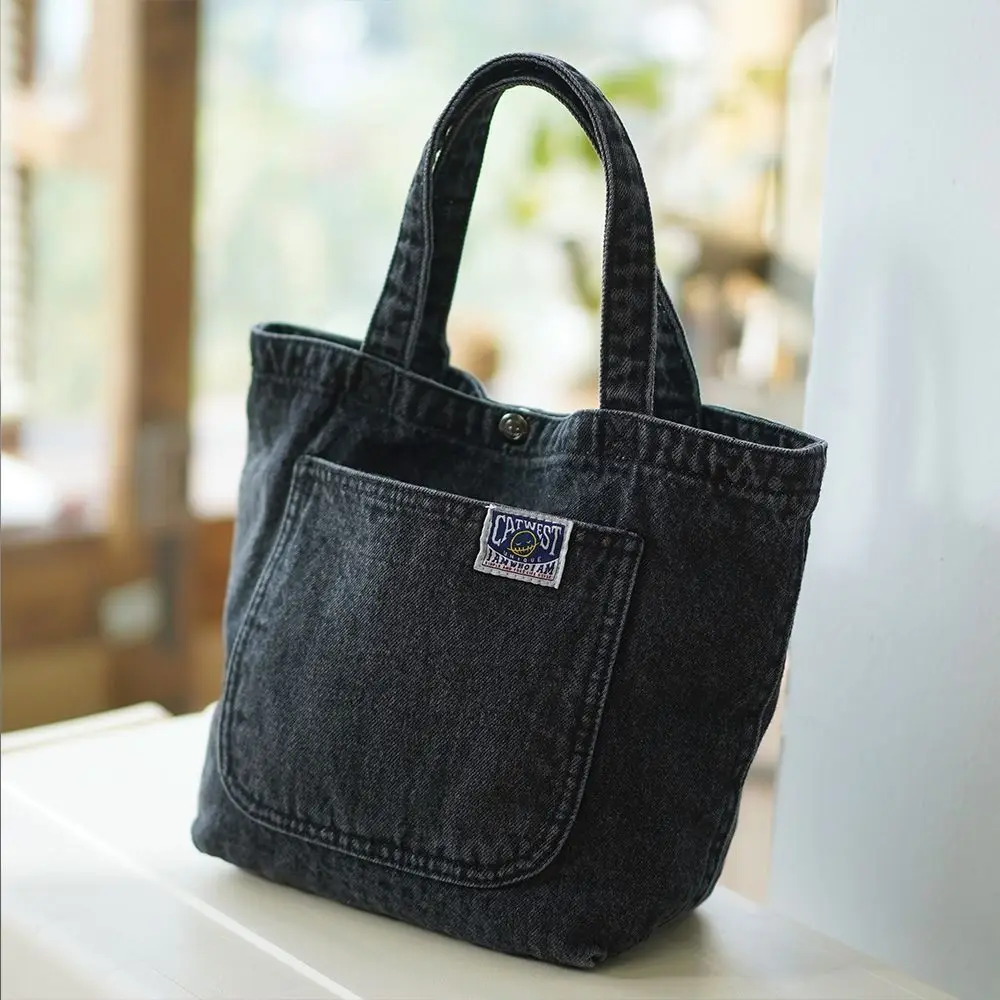 Washed Denim Lunch Bag Creative Food Storage Large Capacity Tote Bag Black Outdoor Handbag