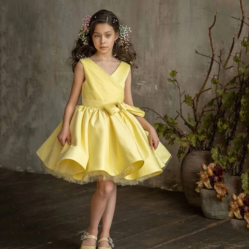 2025년 플라워 걸 드레스, 리본 장식, 어린이용 노란색 드레스, 여자아이 생일 드레스, 새틴 의류, 무대 의상, 맞춤 제작