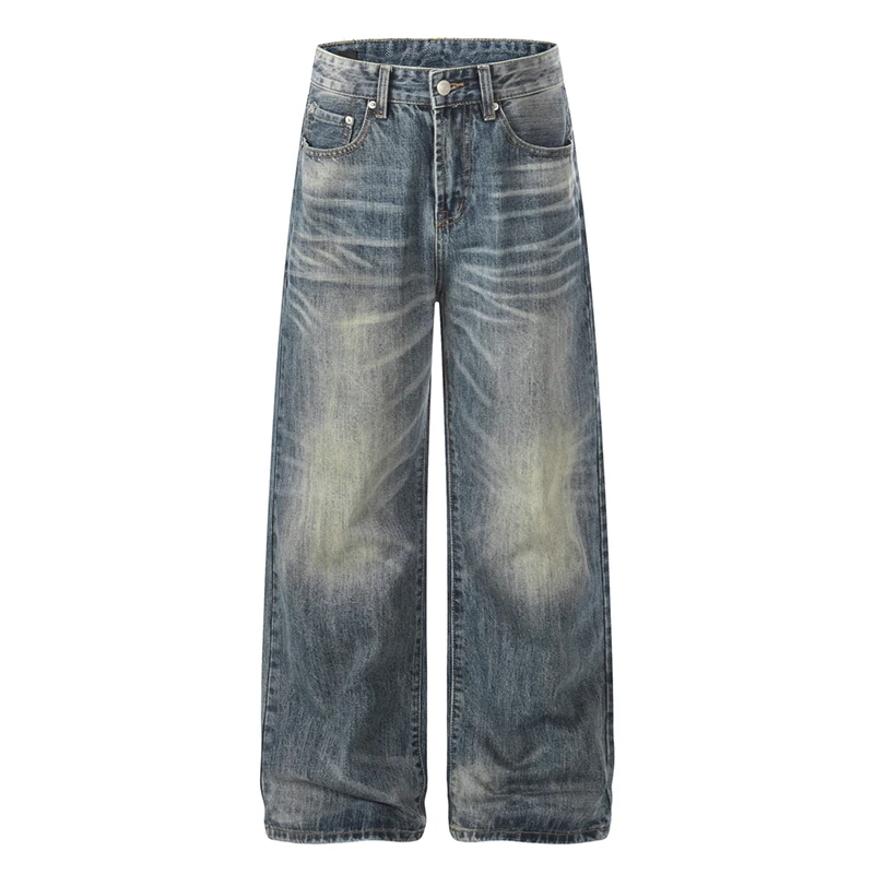 

High Street American Style Washed Men's Jeans With Hand Crafted Cat Whisker Design Loose Fit Denim Long Pants Unisex