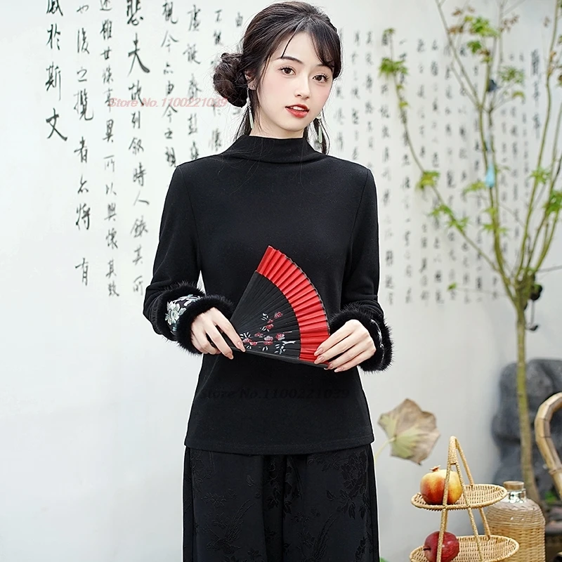 2025 chinese traditional t-shirt national flower embroidery fleece lined shirt vintage hanfu tops oriental thicken base shirt