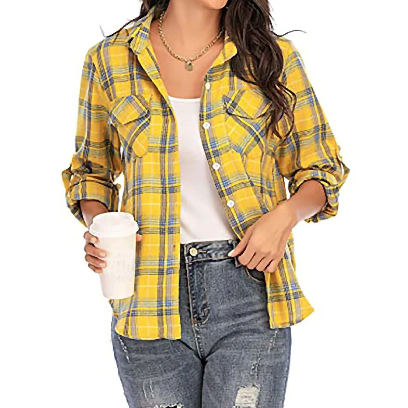 2024 Summer New Loose Casual Women Plaid Shirt Female lapel Long Sleeve Blouses Tops Fresh Elegant Design Female Checked Clothe